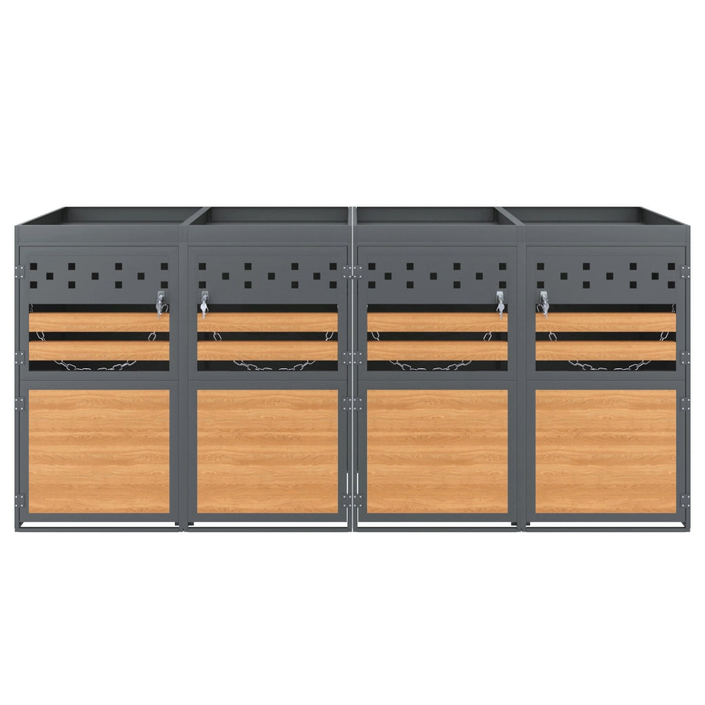 Set di box per bidoni in metallo 4 pezzi per 4 bidoni da 120-240 litri grigio con tetto piantabile