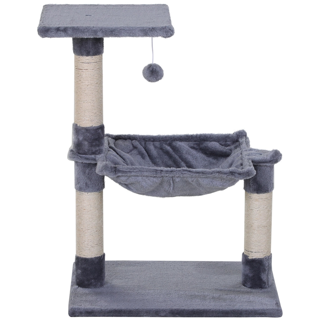 Tiragraffi per Gatti Multilivello con Amaca e Pallina, Legno e Peluche, 50x36x70cm, Grigio