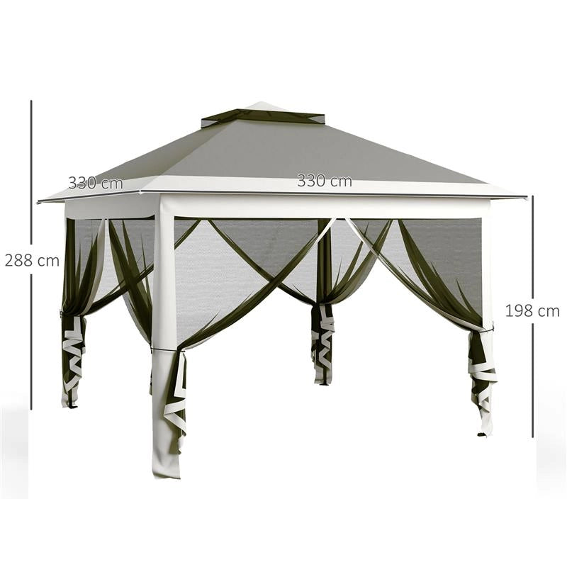 GAZEBO DA ESTERNO AD ALTEZZA REGOLABILE CON ZANZARIERE IN METALLO E TESSUTO OXFORD 3.3X3.3X2.8 M GRIGIO SCURO
