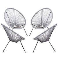 Set di 4 Sedie da Giardino Ovali in Rattan PE e Metallo in Stile Boho Chic, Grigio Chiaro