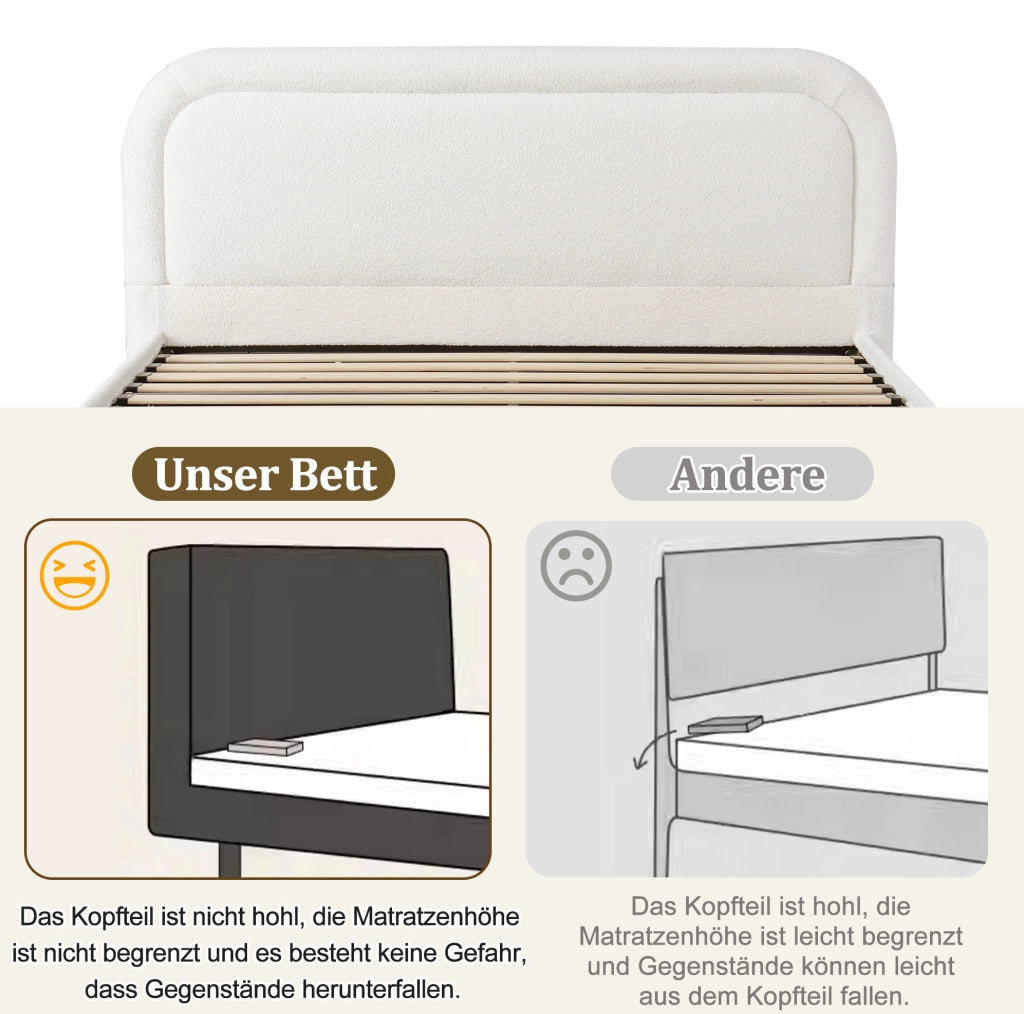 Letto contenitore con rete a doghe in bouclé bianco