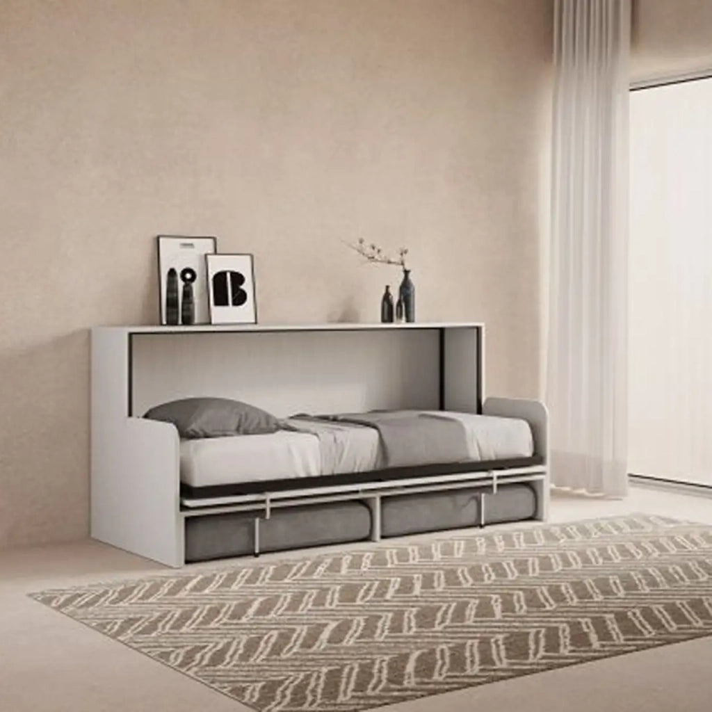 Letto singolo a scomparsa Kando con divano con materasso bianco frassino, grigio