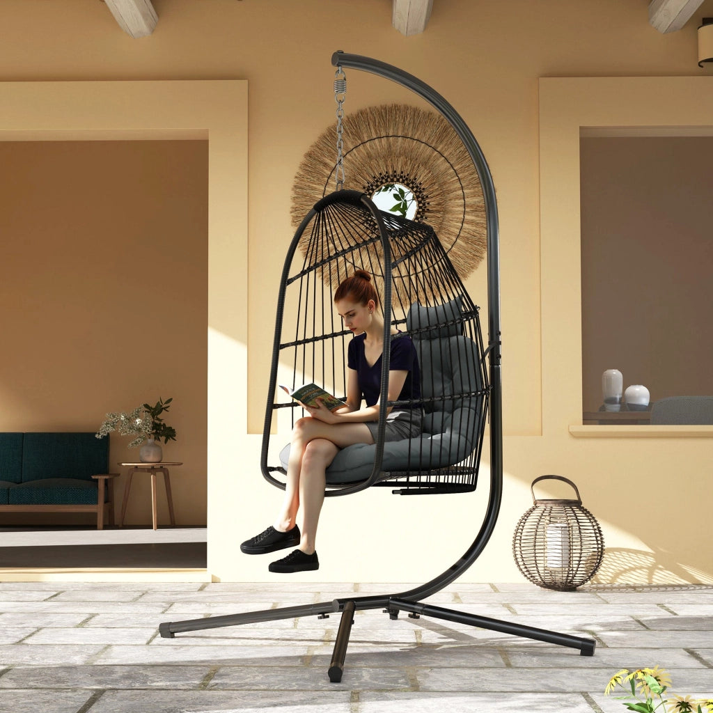 Amaca Poltrona Sospesa a Dondolo Pieghevole 74x68x105A cm da Interno ed Esterno Grigio Scuro