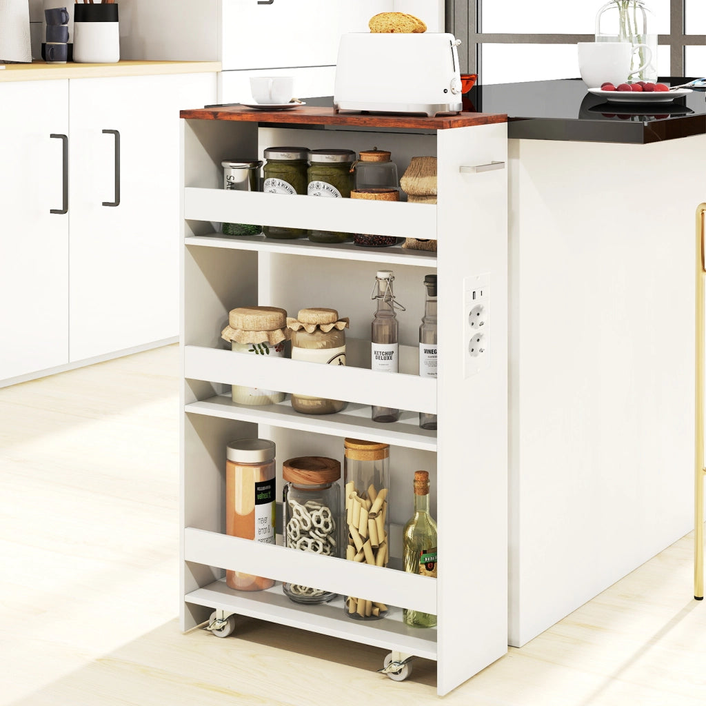 Carrello da cucina 4 ripiani con stazione di ricarica maniglia e parapetti-Scaffale stretto a sfilo con ruote bloccabili per cucina 20cm Bianco