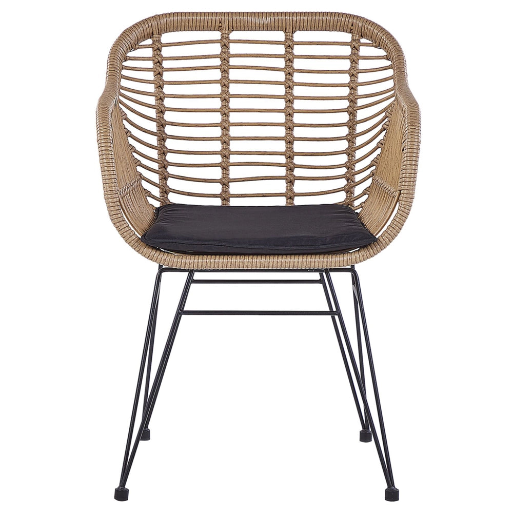 Set da 3 pezzi da bistrot, in finto rattan marrone, con gambe a forcina in metallo nero, piano in vetro