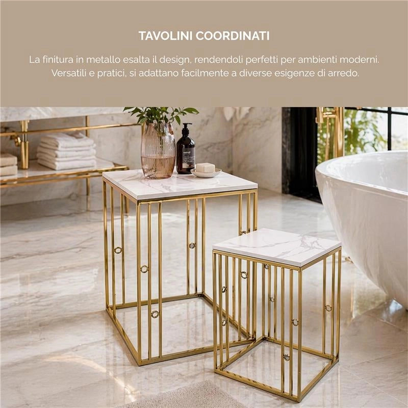 2 TAVOLINI QUADRATI IN METALLO E PIETRA SIMIL MARMO MISURE 42X42X58CM/36X36X50CM
