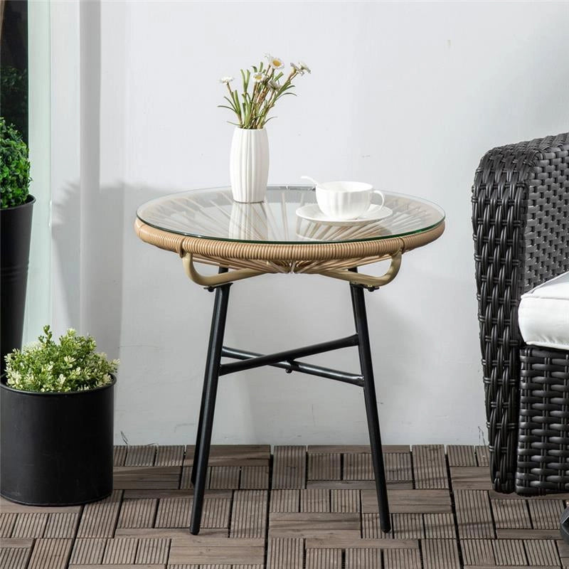 TAVOLINO DA GIARDINO ROTONDO IN RATTAN PE E VETRO Ø50X50CM COLORE BEIGE