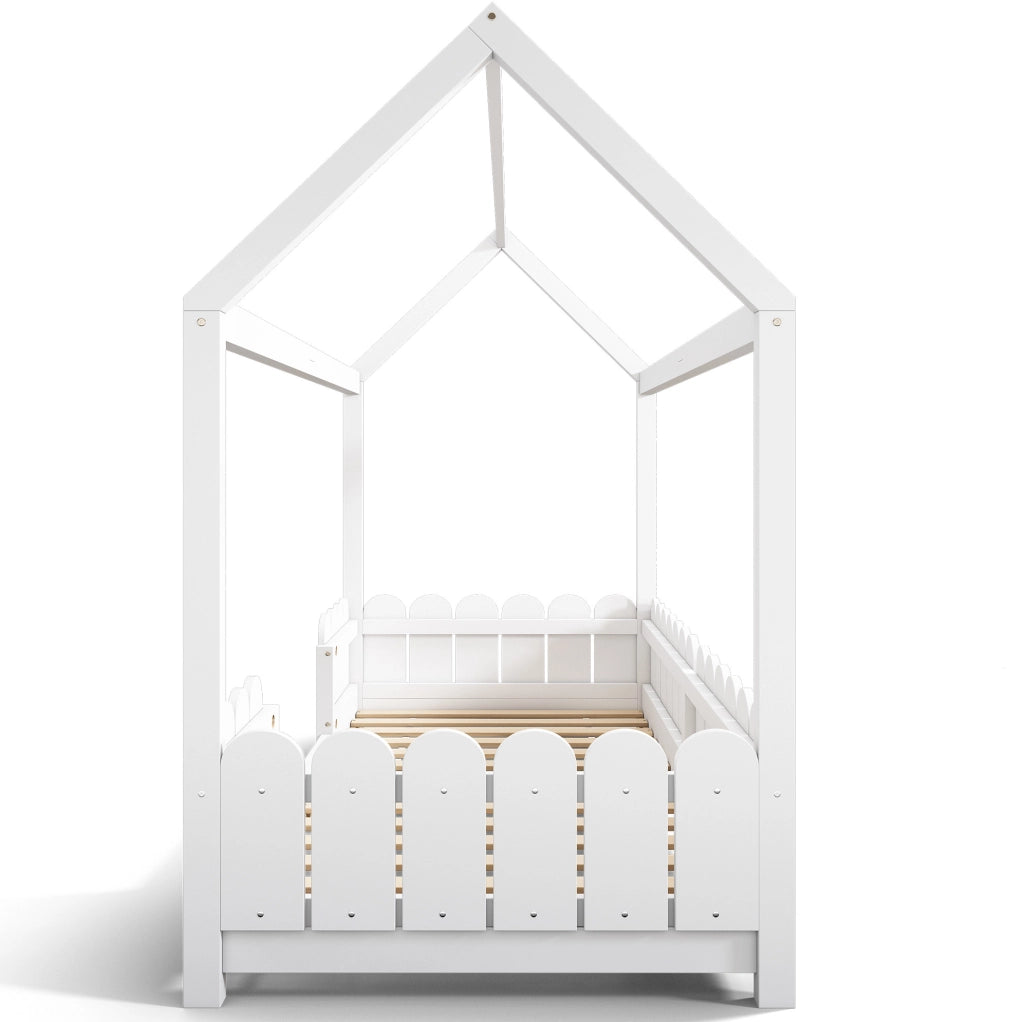 Letto a casetta per bambini 90x200 cm con sponde di sicurezza e rete a doghe; legno bianco