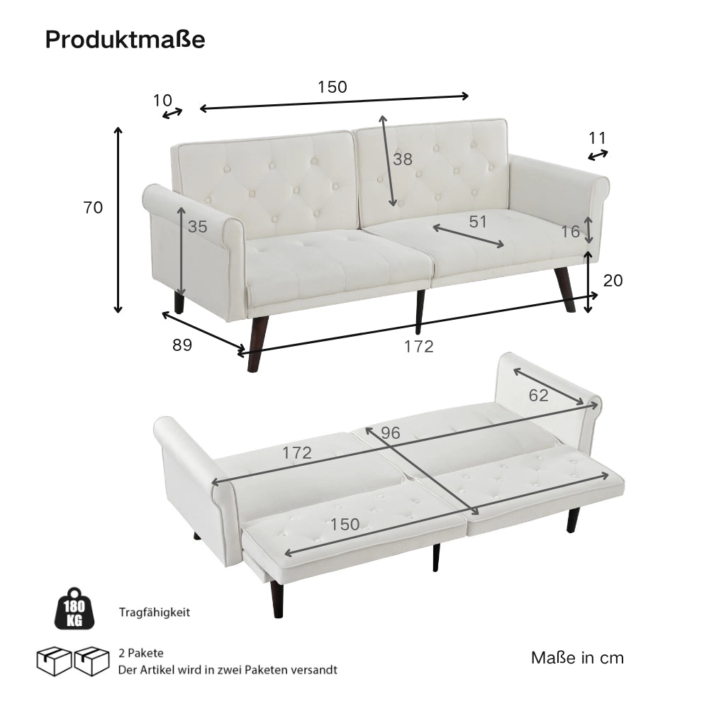 Divano letto 2 posti con schienali regolabili separatamente in velluto beige per soggiorno e ospiti 180 kg