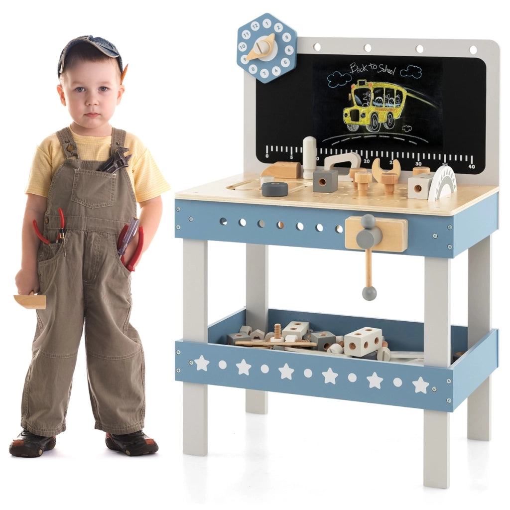Set banco da lavoro per bambini in legno con 61 attrezzi e parti, Tavolo da lavoro per bambini 3+ anni Blu