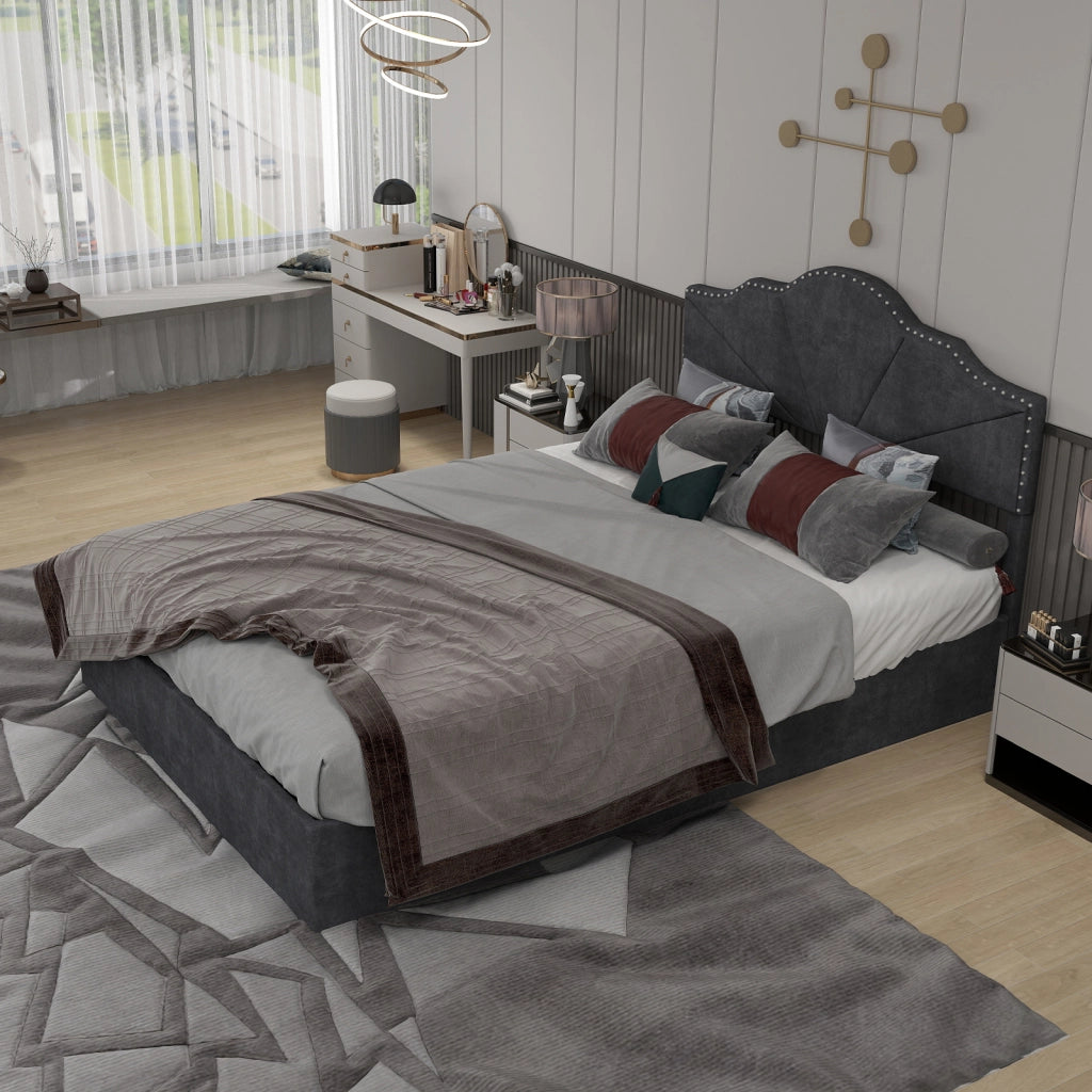Letto Contenitore Imbottito ¨C MINIMAL ¨C Grigio 140x200 con Testiera, Doghe e Alzata Idraulica