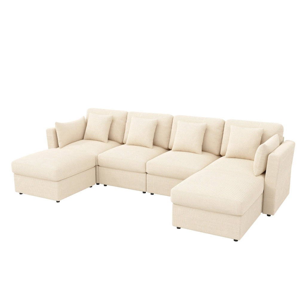 Divano angolare modulare a U in corduroy beige con poggiatesta, pouf mobili e braccioli regolabili