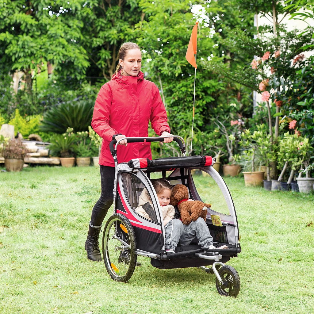 RIMORCHIO BICI PER BAMBINI PASSEGGINO, DESIGN 2 IN 1 CON FRENO, CINTURA E TASCHE, 116-142X75X101CM