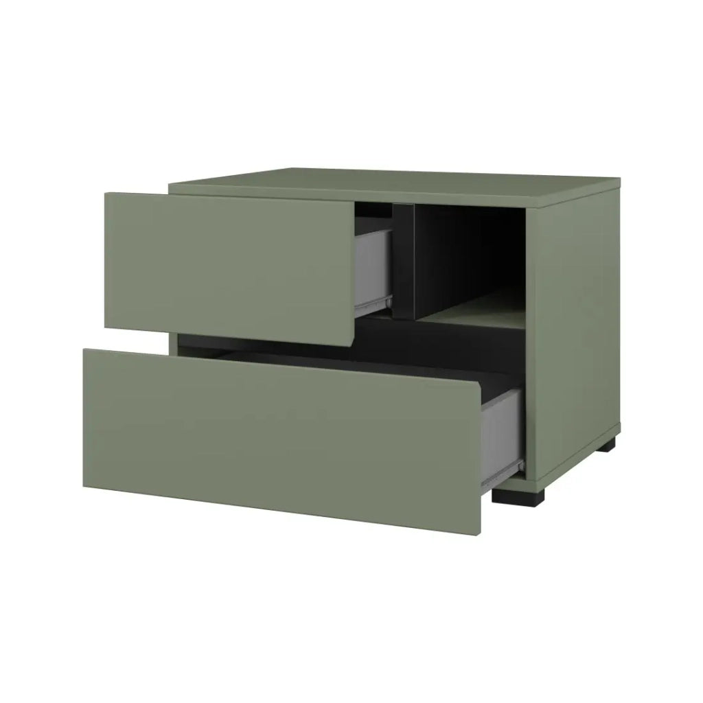 Tavolino da notte HAVANA – 2 cassetti e 1 nicchia – Color salvia verde e nero – Design compatto ed elegante