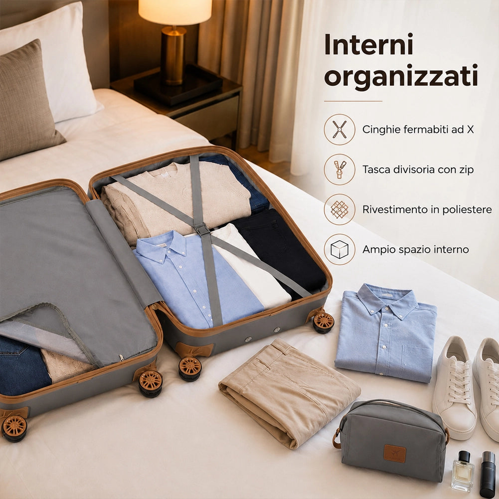 Set 6 Pezzi Valigie Rigide Family in ABS Beauty Case Grigio e Marrone 55/66/75cm