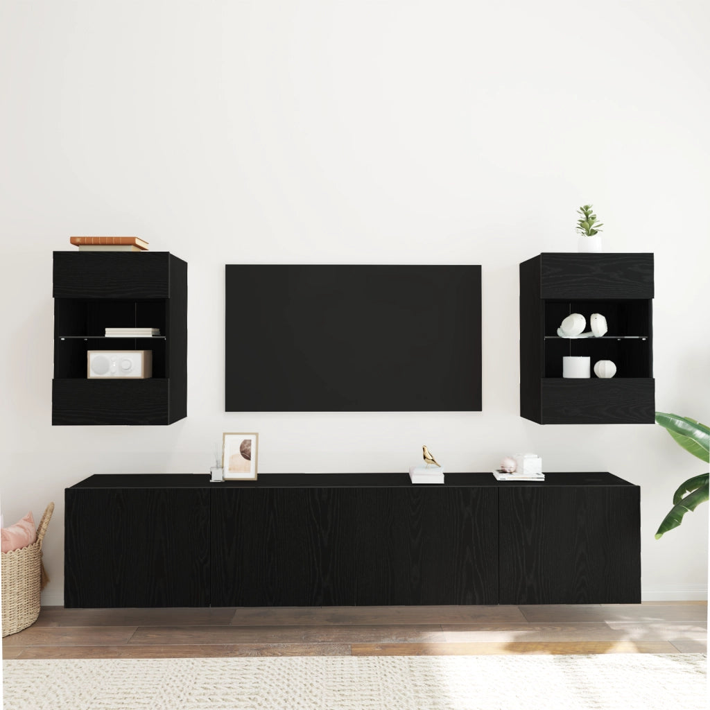 Mobile TV LED  2 pz Nero Rovere 40x30x60,5 cm Legno ingegnerizzato