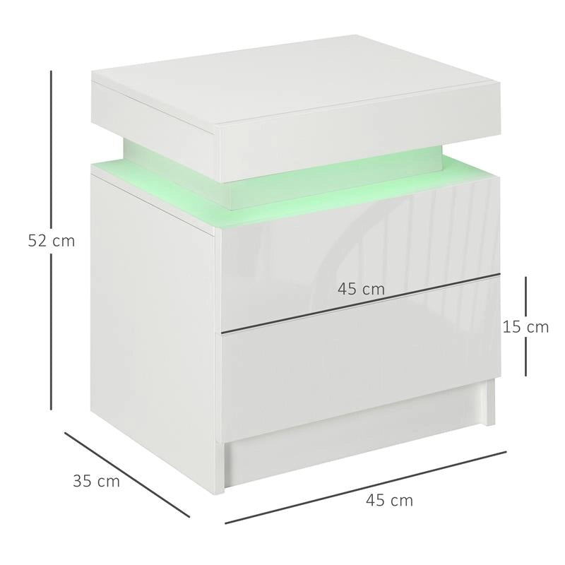 COMODINO CON LUCE LED RGB E 2 CASSETTI, 4 MODALITÀ DI LUCE E 16 COLORI, 45X35X52CM, BIANCO