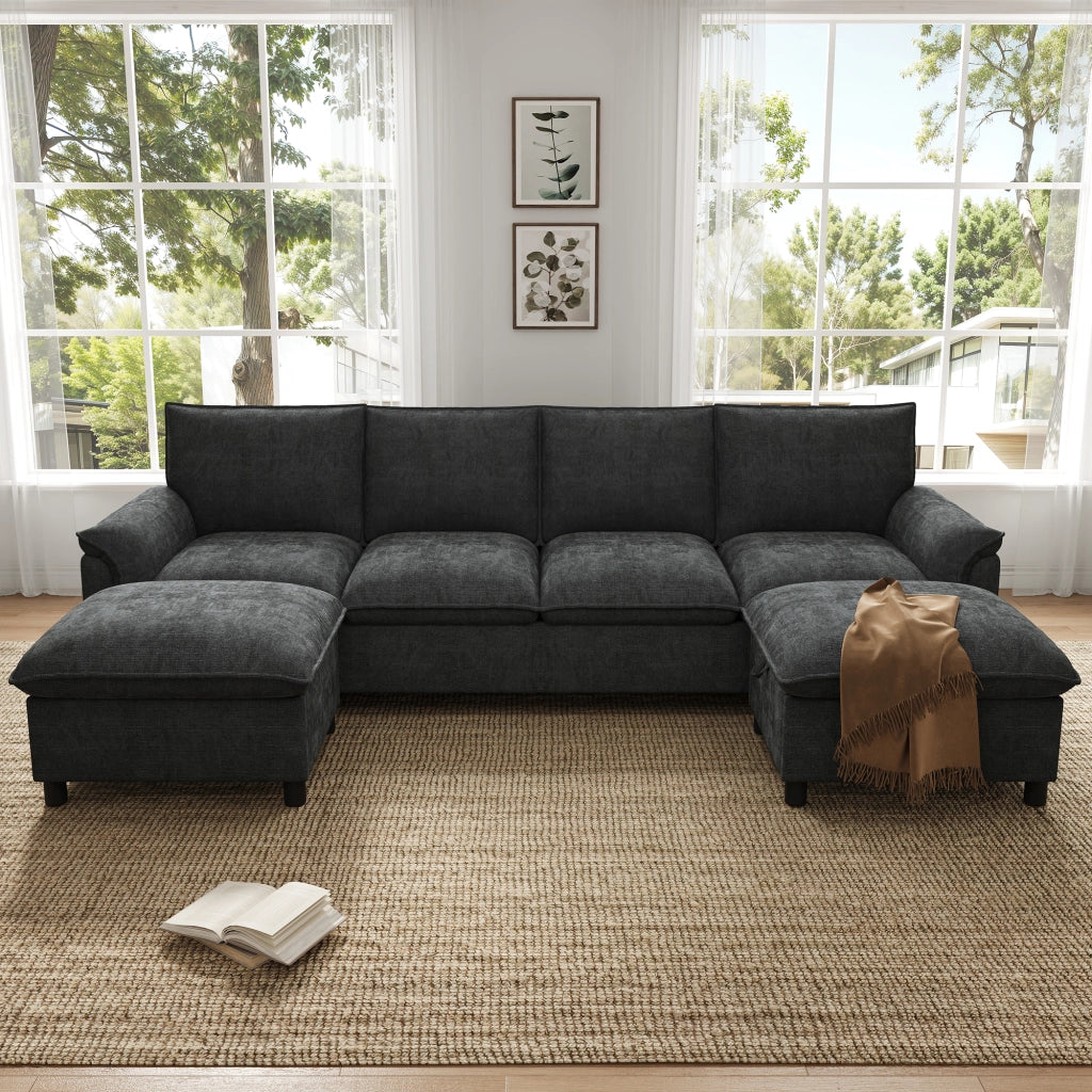 Divano modulare a U in tessuto Chenille nero con 2 pouf mobili, schienale alto e vano contenitore
