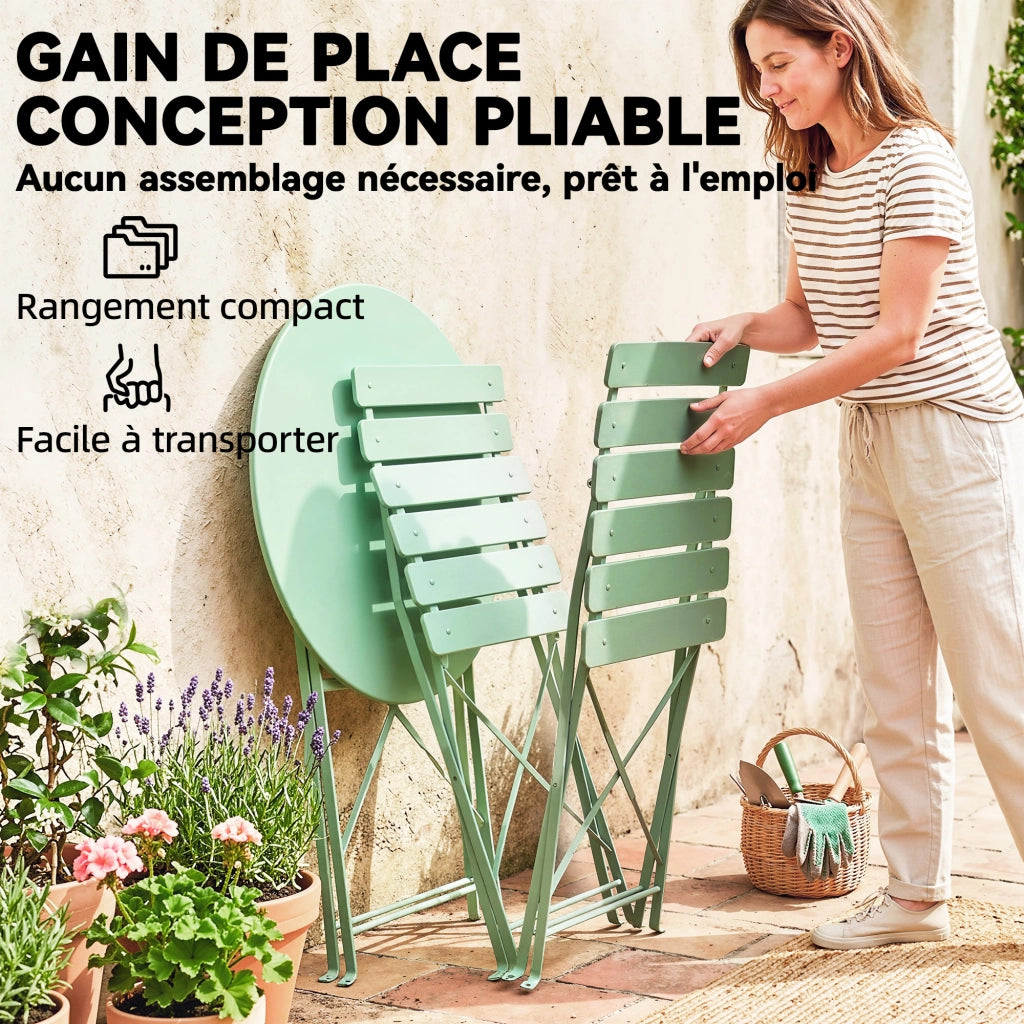 Set Giardino Bistrot 3 Pezzi con Tavolo e 2 Sedie Pieghevoli ¨C zephmum ¨C Verde Antiruggine