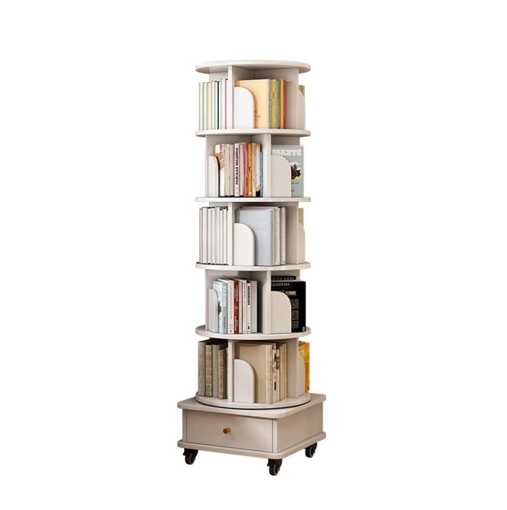 Libreria girevole 360° con ruote e cassetto, salvaspazio, bianco, MDF