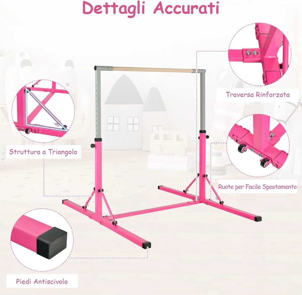 Barra per Ginnastica e Danza per Bambini e Bambine Pieghevole e Portatile, Sbarra Parallela in Metallo e Legno con 13 Altezze Regolabili, Ruote e Cuscinetti Antiscivolo, Portata 100 kg