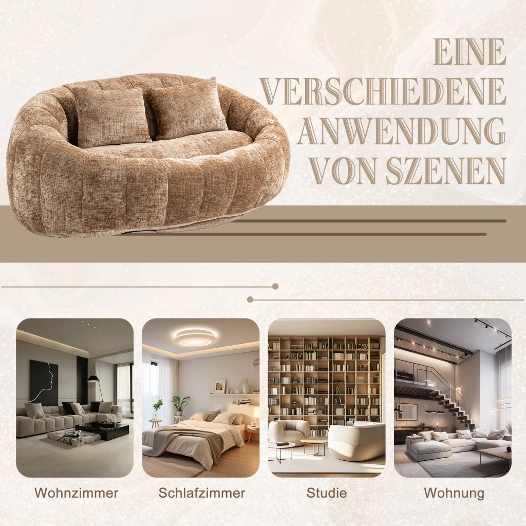 Divano Pouf 2 Posti con Braccioli Ergonomico Schienale Alto Memory Foam Comfort in Ciniglia Caffè