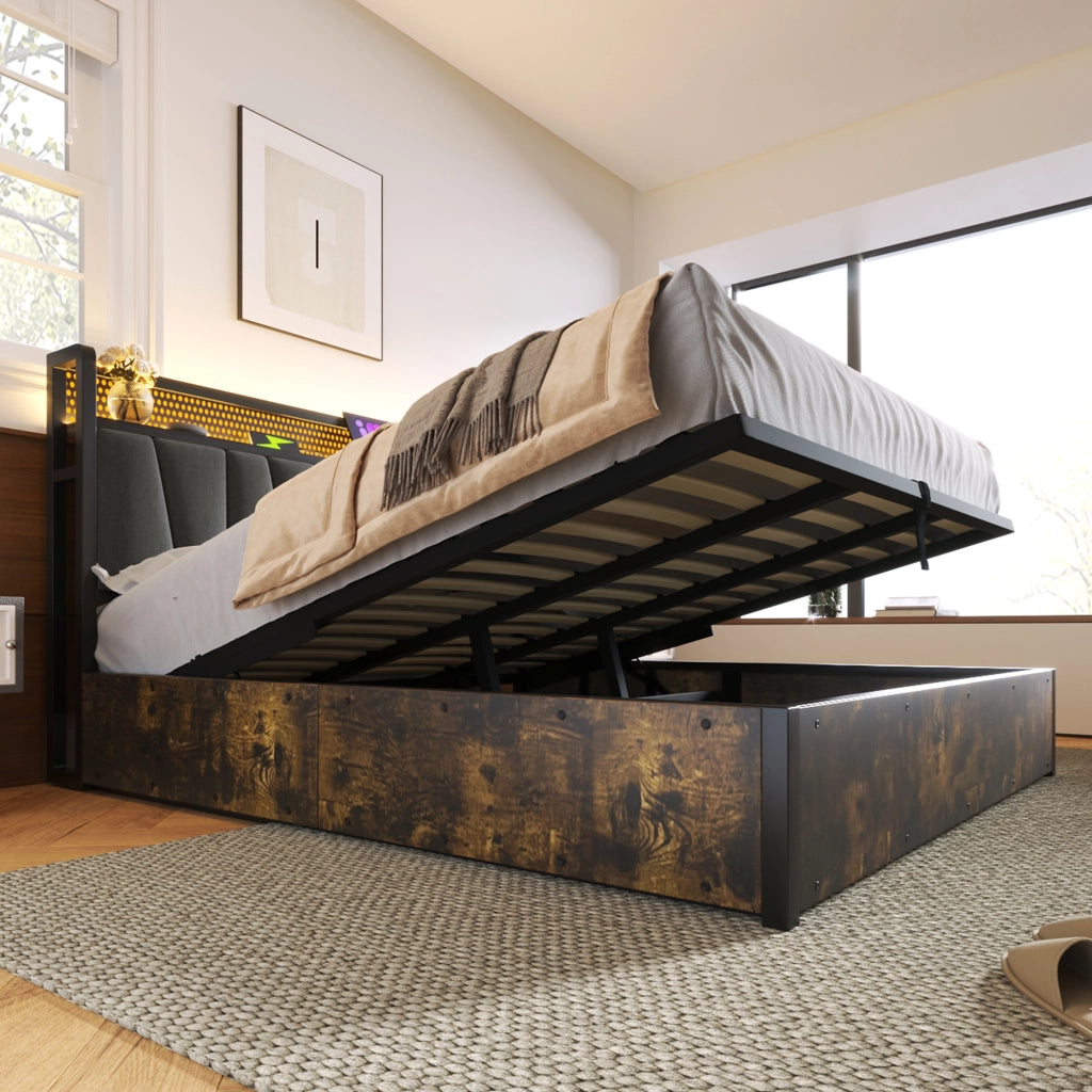 Letto Contenitore Letto Matrimoniale 180×200 cm con USB; Prese e LED Regolabile; senza Materasso; Grigio