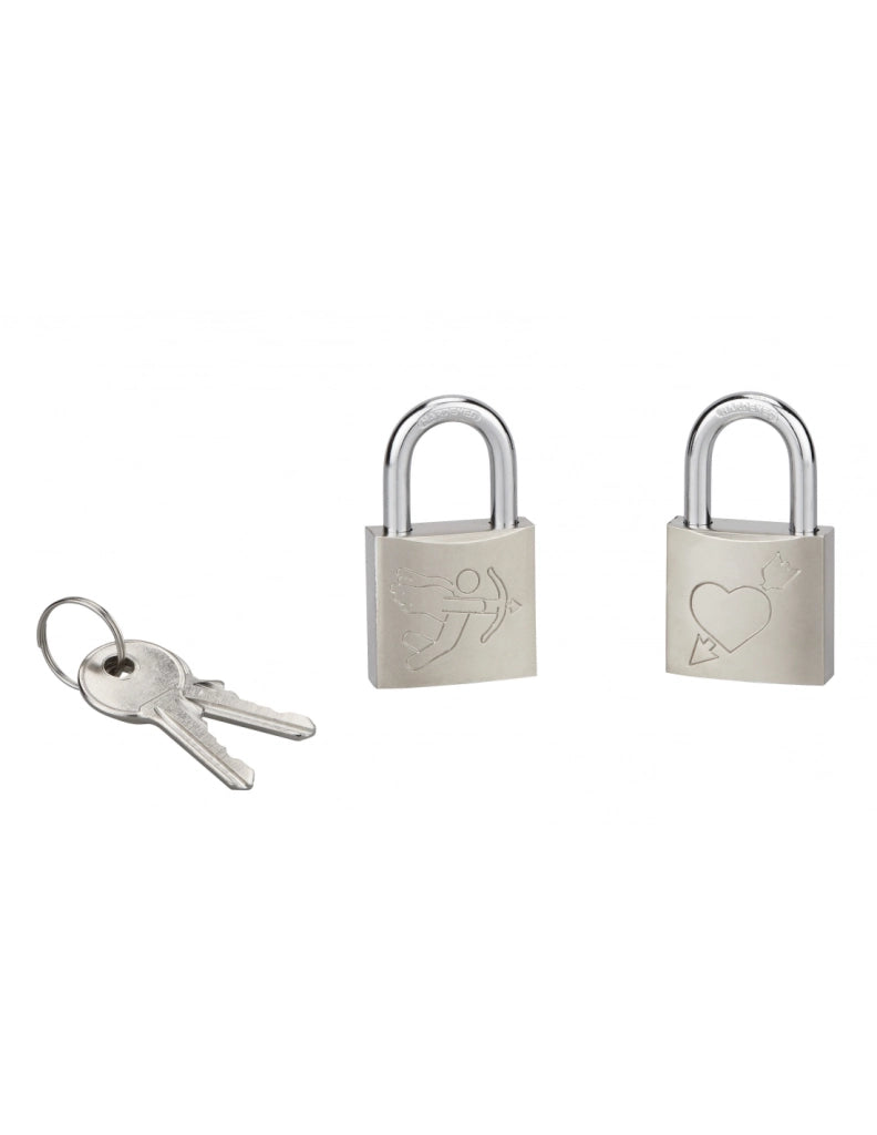 Set di 2 lucchetti Love, ottone, interno, ansa in acciaio, 30 mm, Cupido/Cuore, 2 chiavi per lucchetto – THIRARD