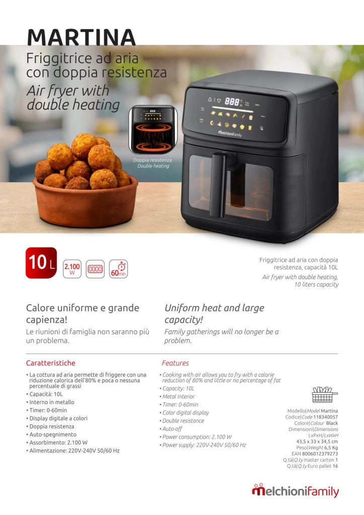 Friggitrice ad Aria MARTINA 10L Nero con Display a Colori, Doppia Resistenza e Timer 2100W, Temperatura 80-200°C