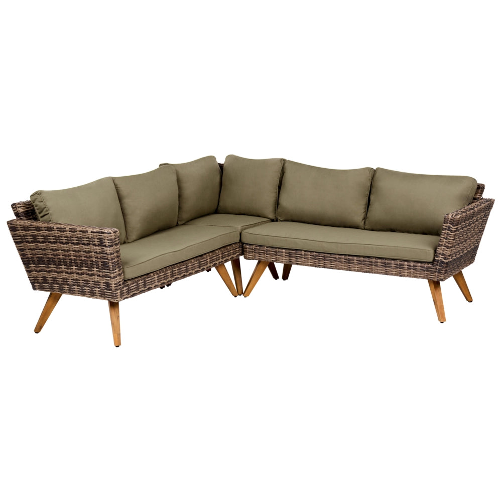Set da giardino in rattan PE chiaro divano angolare 6 posti cuscini verde oliva tavolino da caffè stile country