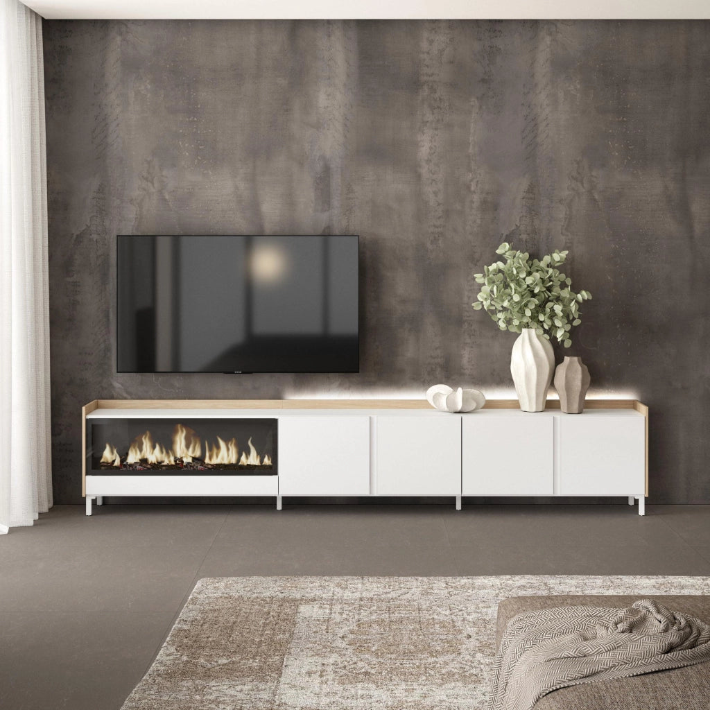 Mobile TV Soggiorno, 315x61x35 cm, Per TV fino a 80", Camino elettrico XXL, Design industriale, LED, Bianco e Rovere soft