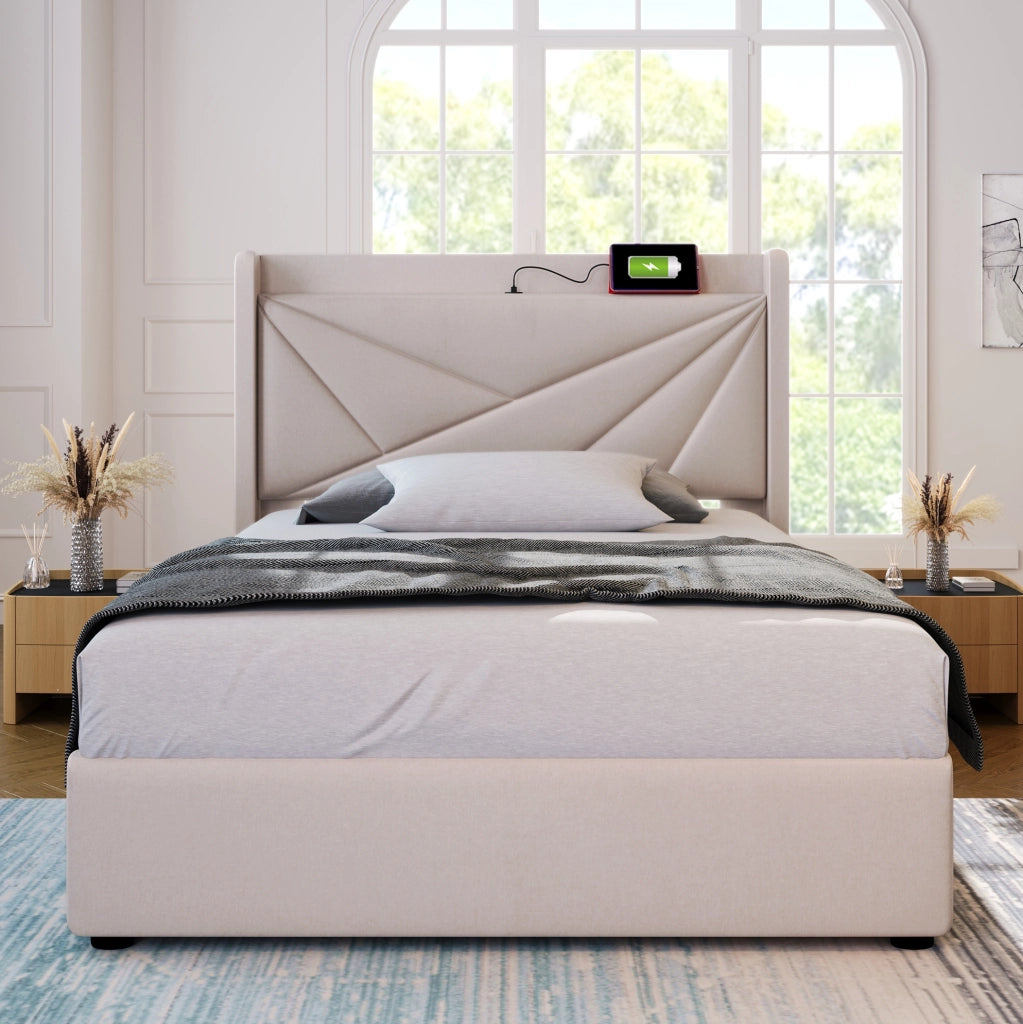 Letto singolo contenitore 90x200 beige con materasso e USB-C