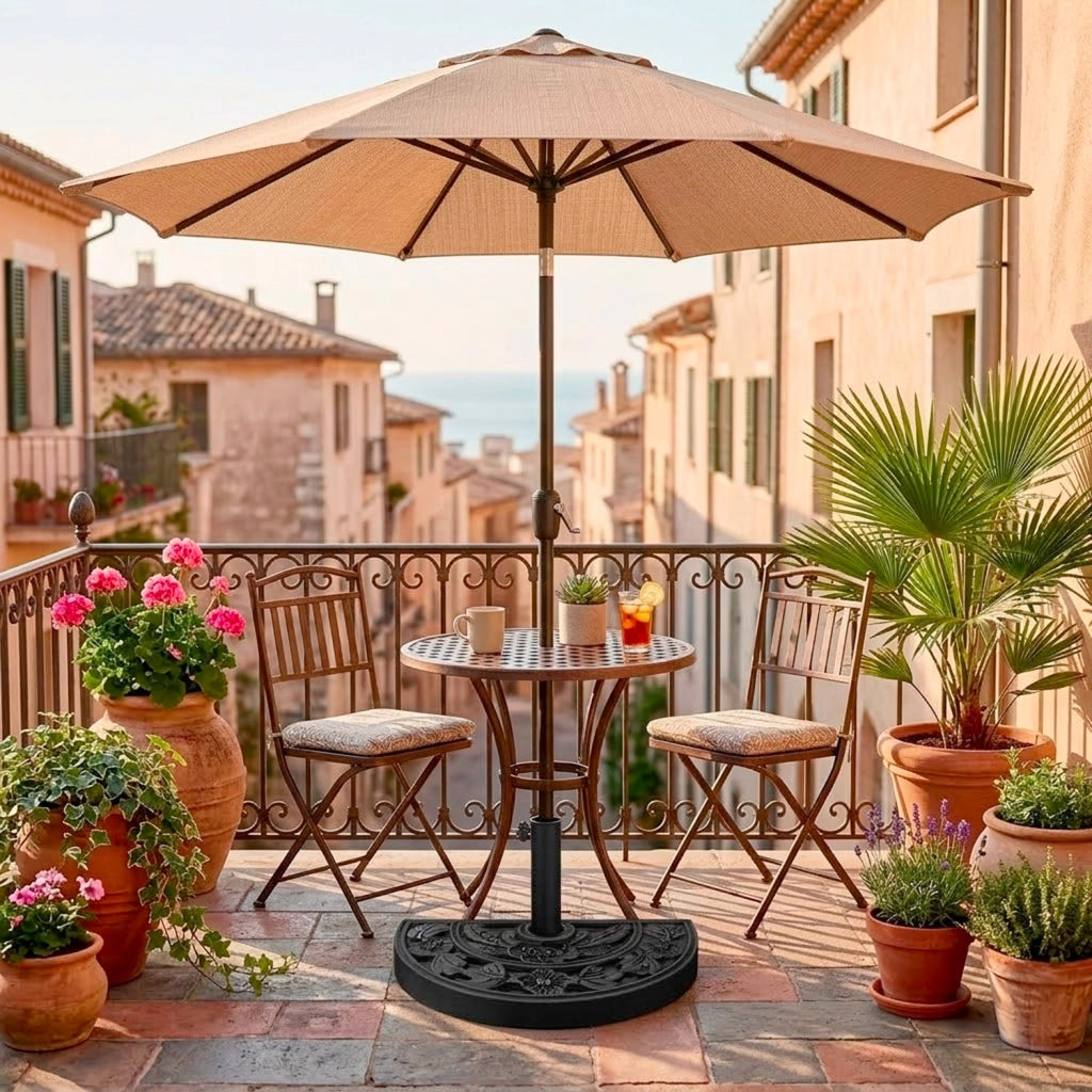 Base Ombrellone Semicircolare Motivo Floreale In Cemento HDPE E Metallo Supporto Per Palo Ø 38/48 Mm Ideale per Balcone Terrazza Giardino Resistente Intemperie 50 x 31 x 7 Cm Nero