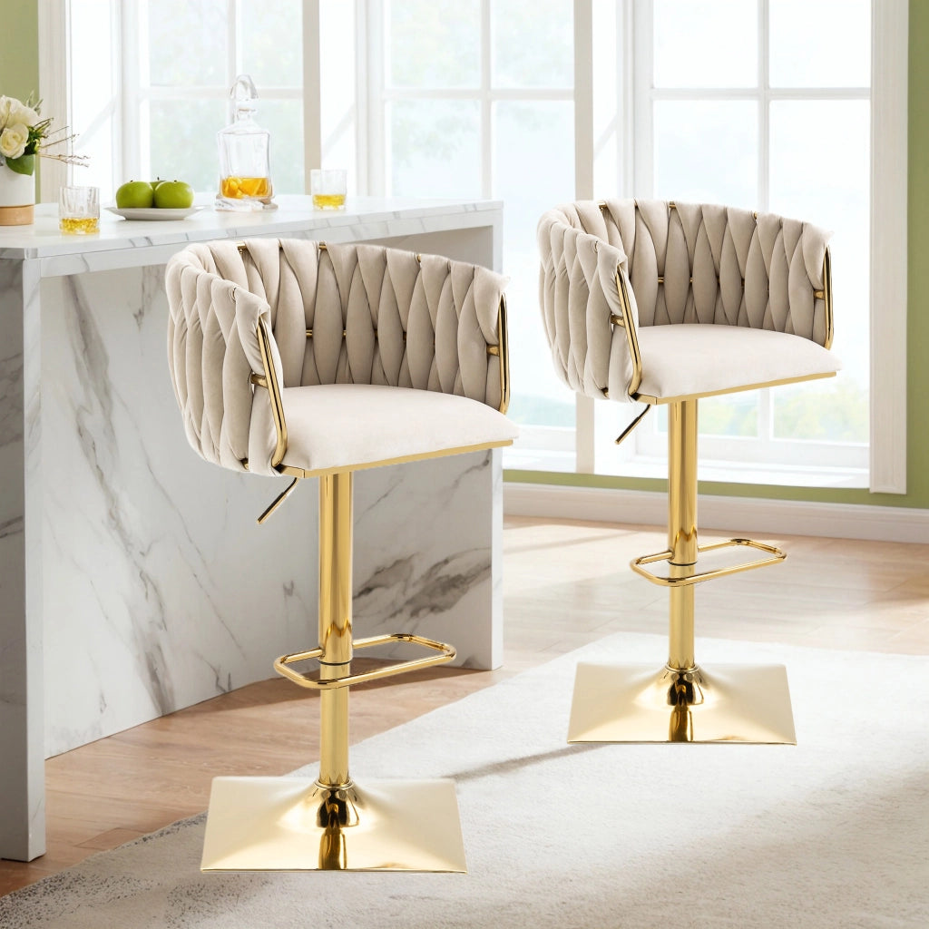 Sgabello da bar girevole 360° in velluto avorio, altezza regolabile con schienale ergonomico e poggiapiedi