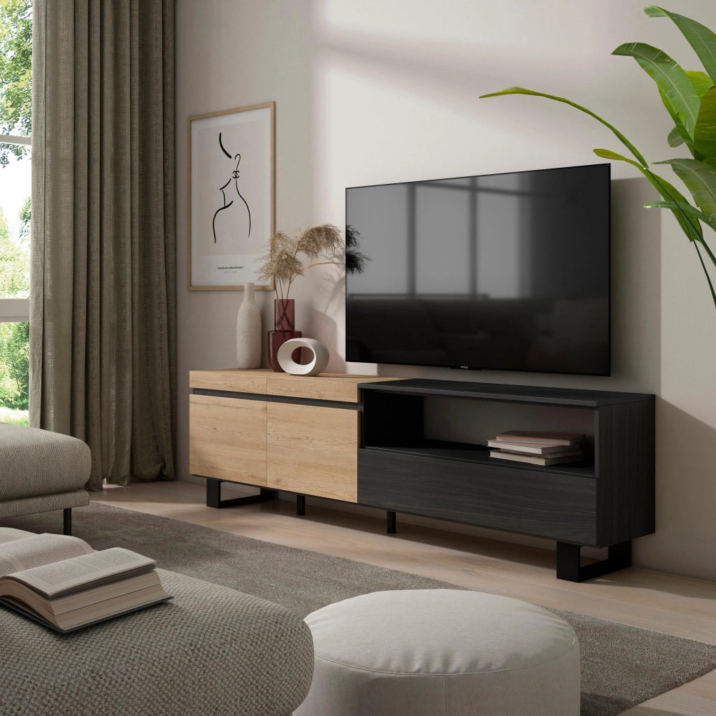 Mobile TV, 200x35x57cm, soggiorno, Per TV fino a 80", Design industriale, colore Rovere e nero RF2263