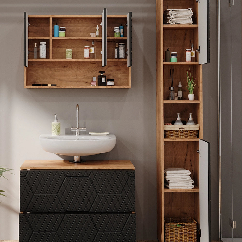 Vicco Set mobili bagno Antracite con struttura a nido d'ape 3 pezzi, con mobile a specchio 80 cm