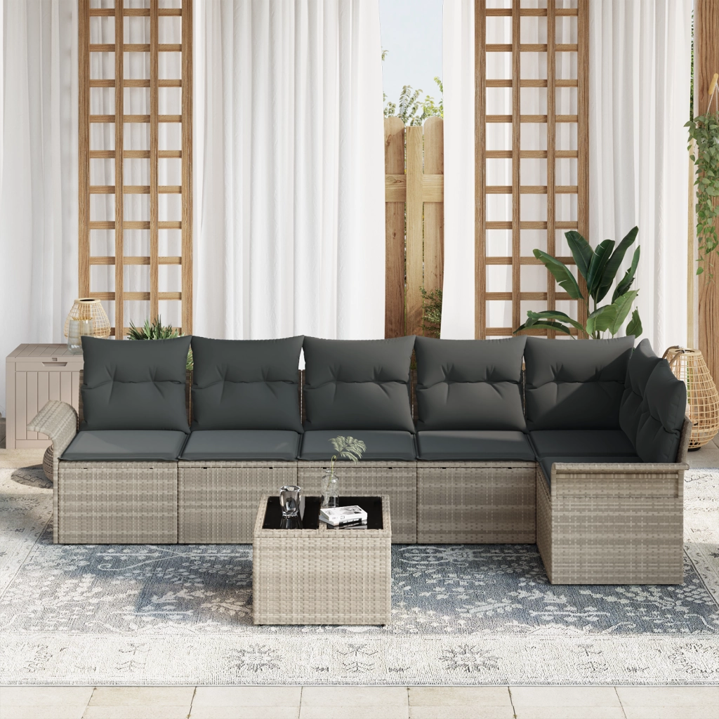 Set Divano da Giardino da 7 Pezzi con Cuscini Grigio Polyrattan