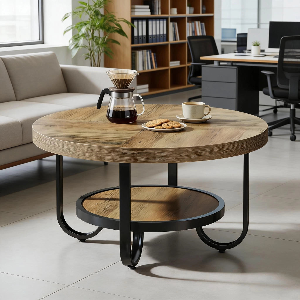 Tavolino basso rotondo a 2 livelli con ripiano contenitore stile industriale in MDF e metallo nero e marrone da salotto