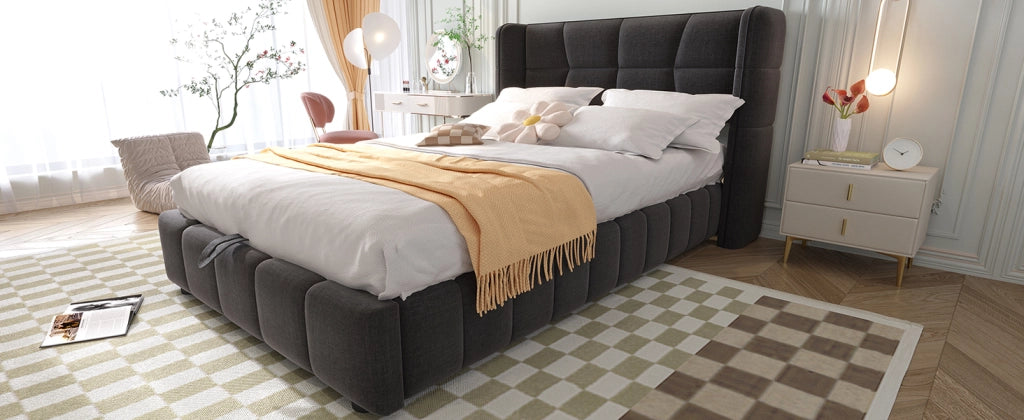 Letto per bambini 90 × 200 cm con contenitore a sollevamento, senza materasso, en tessuto, grigio