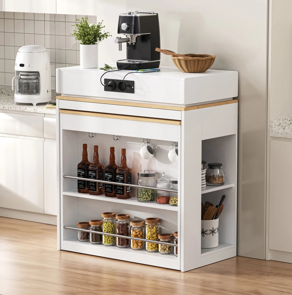 Isola cucina 83x46x96 cm estendibile con piano pieghevole in MDF e vetro bianco