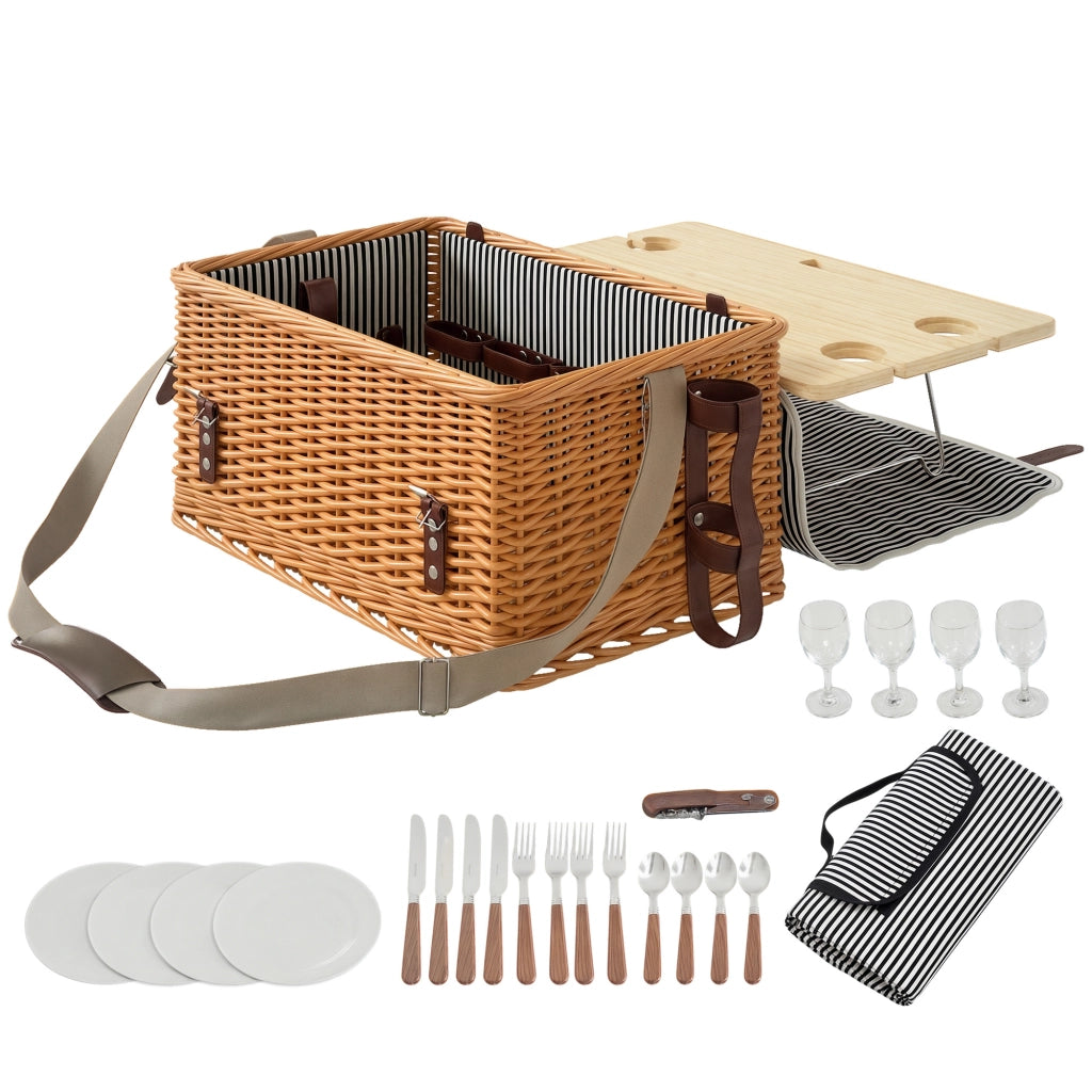 Cestino da Picnic in Vimini 4 Persone con Tavolo da Vino in Pino ¨C zephmum ¨C Marrone Chiaro