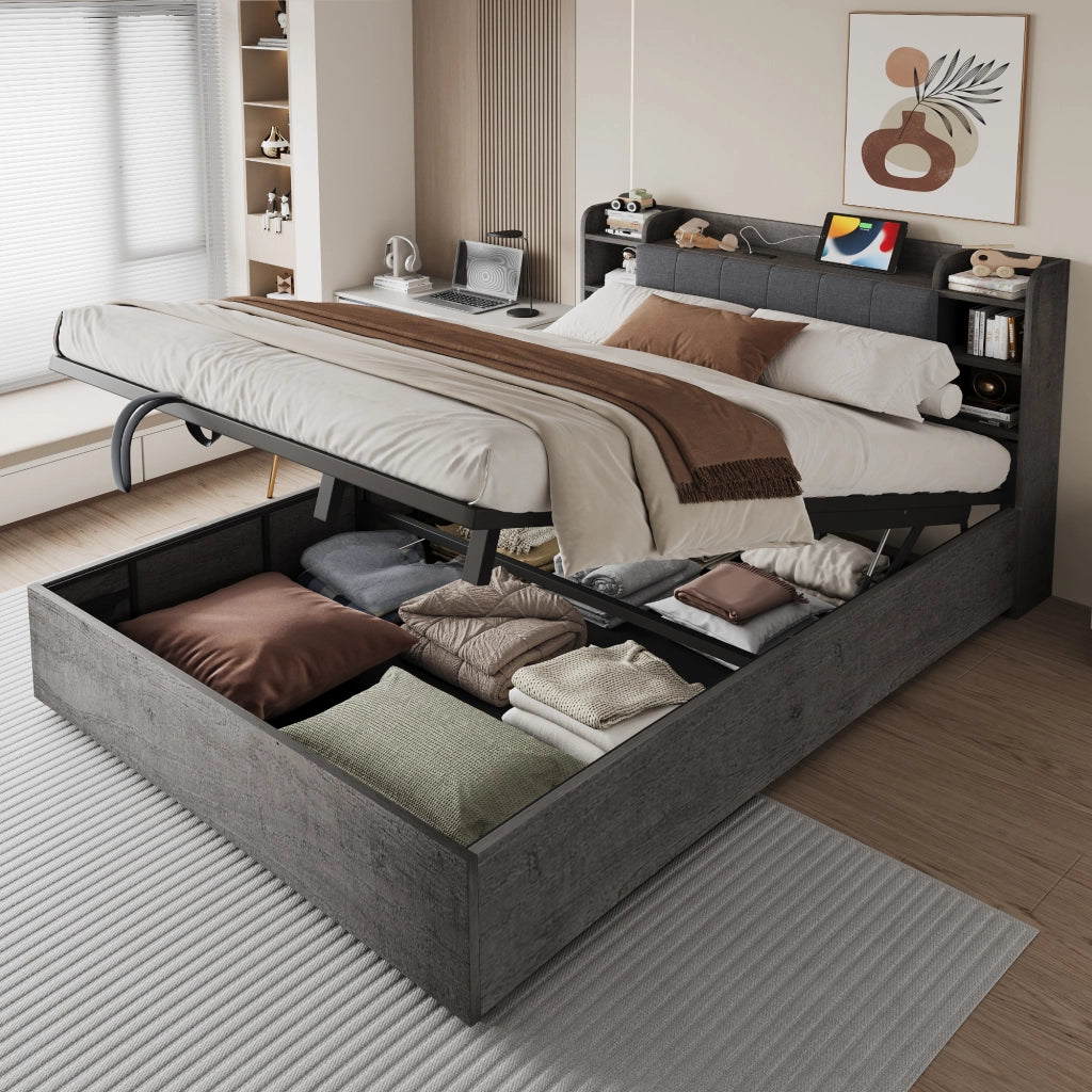 Letto contenitore matrimoniale 180×200 cm con USB Type-C; testiera con ripiani; senza materasso; grigio