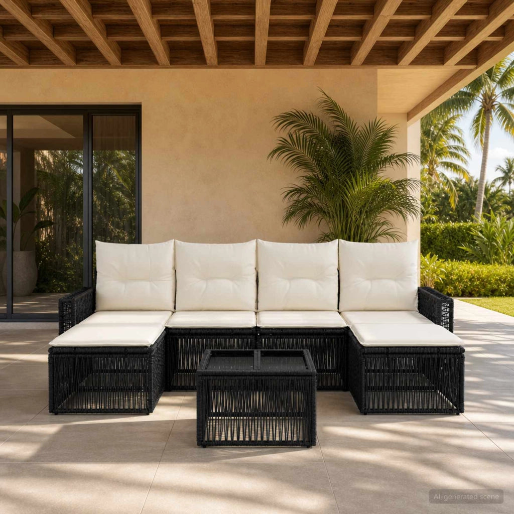 Set Divano da Giardino 7 pz Nero e Bianco Crema polyrattan 3435205