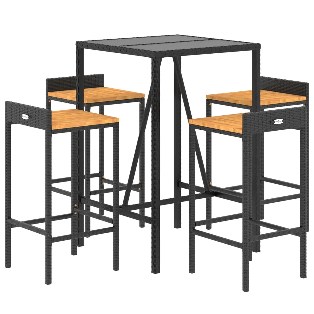 Set Bar Giardino 5 pz Nero Polyrattan e Legno Massello Acacia 3187675