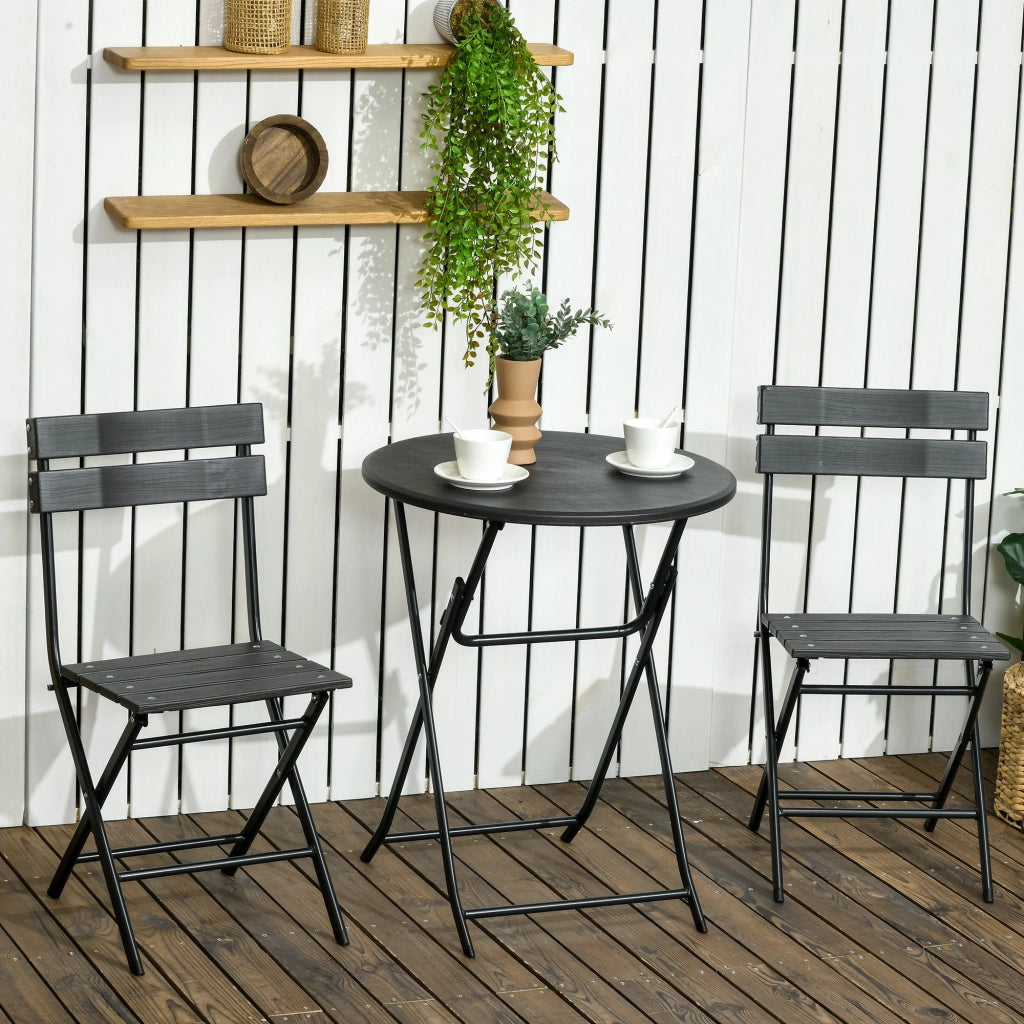 Set Tavolino e 2 Sedie Pieghevoli da Giardino in Acciaio e HDPE Grigio Scuro