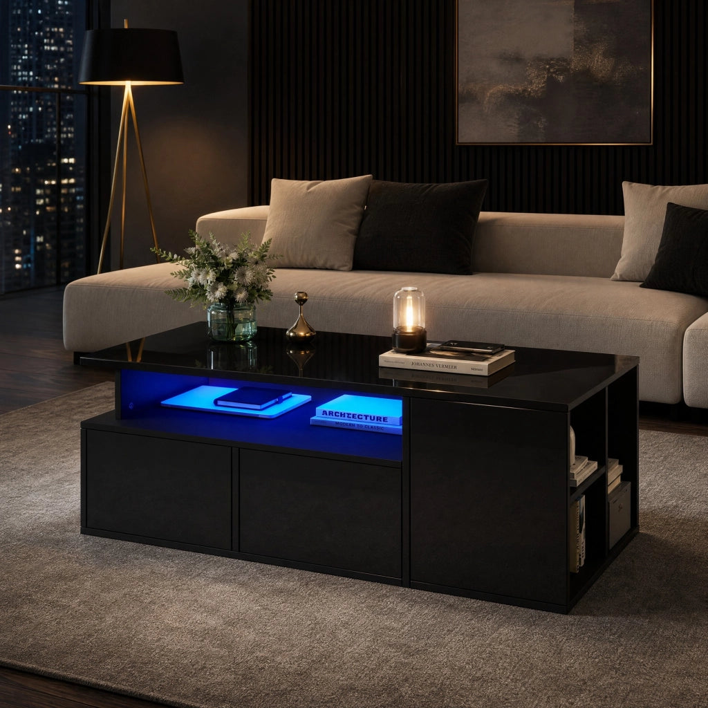 Tavolino da caffè rettangolare con 2 cassetti, LED, 3 livelli e vano laterale per soggiorno, nero, 100 × 50 × 35 cm