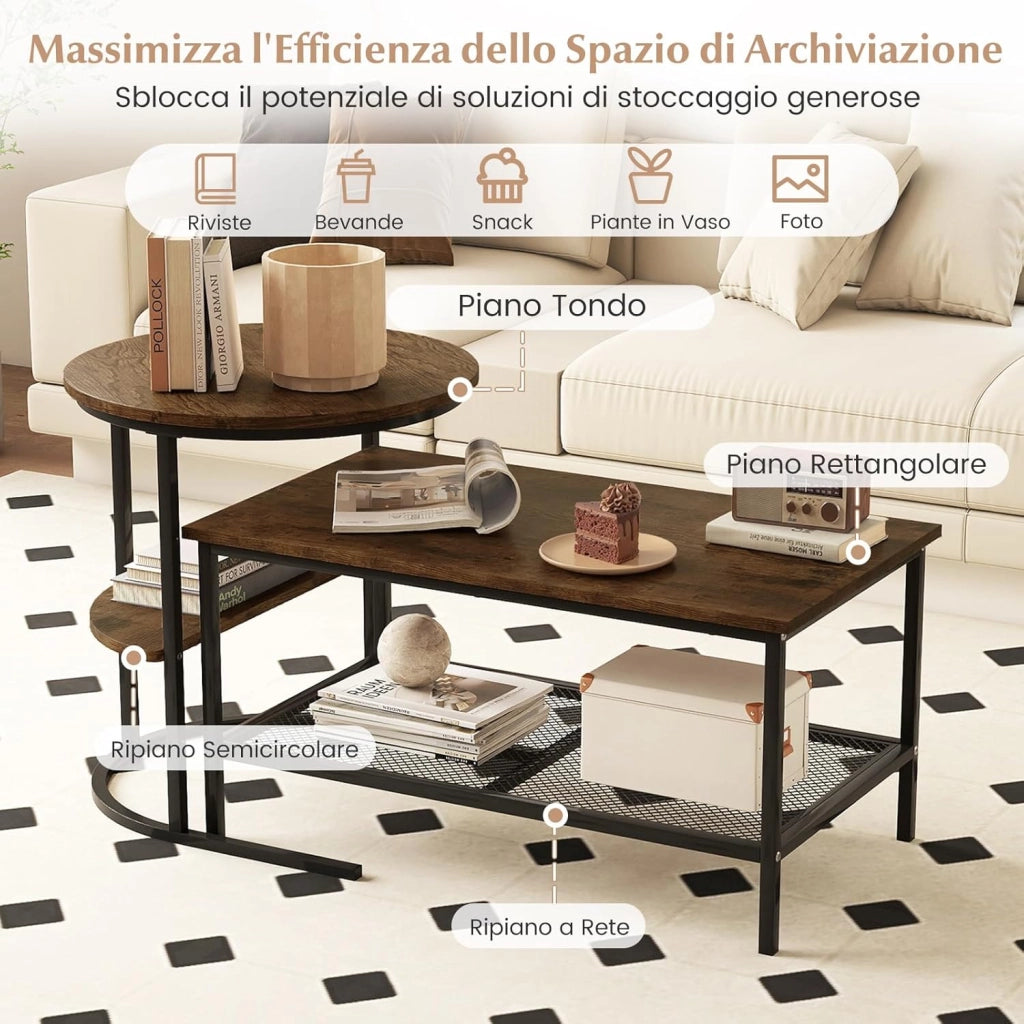 Set di Tavolini da Caffè Componibili, 2 in 1 Set di Tavoli Rimovibili con Piano in Marmo Sintetico, Tavolino Rotondo e Tavolino Rettangolare per Salotto e Camera da Letto (Nero) (Marrone)