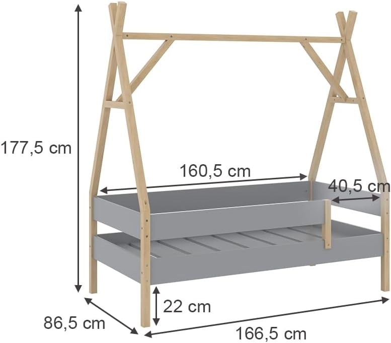 Letto Tipi Bali, Grigio, 80x160 cm con materasso, con ruote per un utilizzo flessibile sotto i letti a soppalco