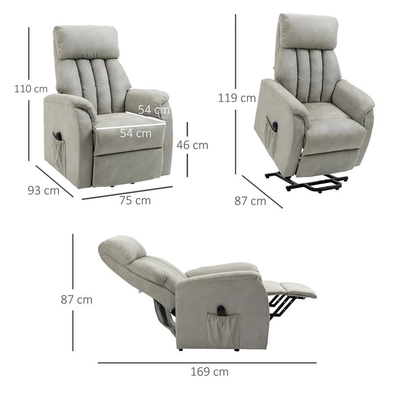 POLTRONA ALZAPERSONA RECLINABILE 150° MAX CON TELECOMANDO E POGGIAPIEDI, 75X93X110 CM, GRIGIO