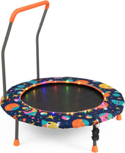 Trampolino Elastico per Bambini dai 3 ai 6 anni, Ø 92 cm, Tappeto Elastico Bambini con Luci a LED, Mini Trampolino da Giardino con Manico e Tappetino di Sicurezza, Portata fino a 25 kg